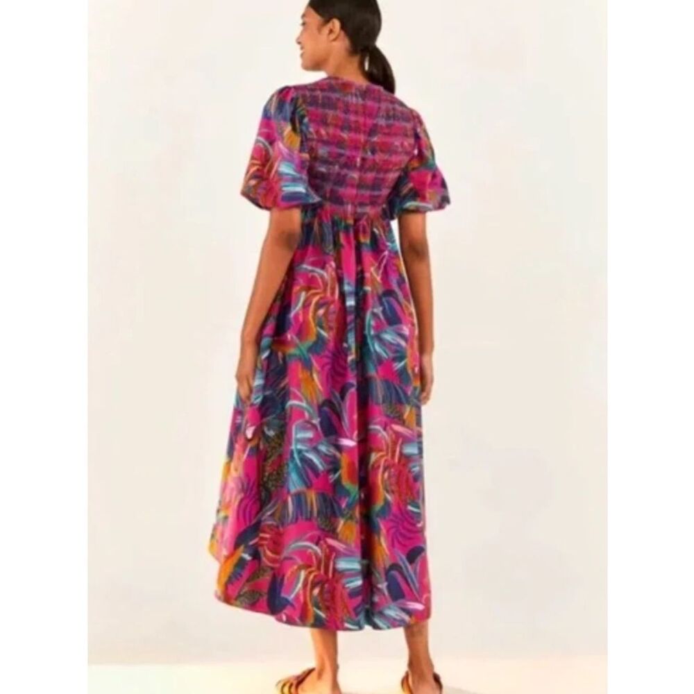Farm Rio Rainbow Macaws Purple Puff Sleeve Smocked Midi Dress Women's SIZE XS - Picture 2 of 13